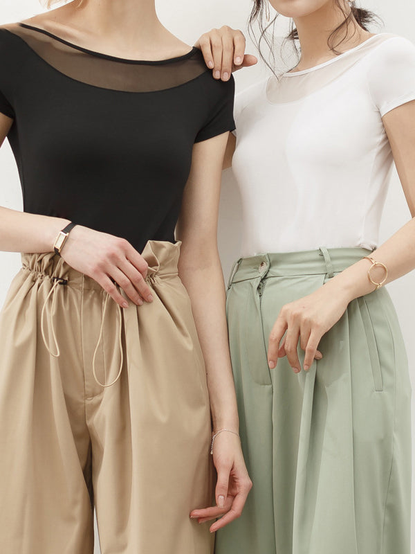 Gauze See-Through Split-Joint Short Sleeves Skinny Boat Neck T-Shirts