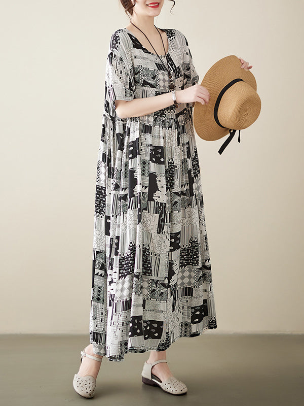 Printed A-line Loose Round-neck Midi Dresses