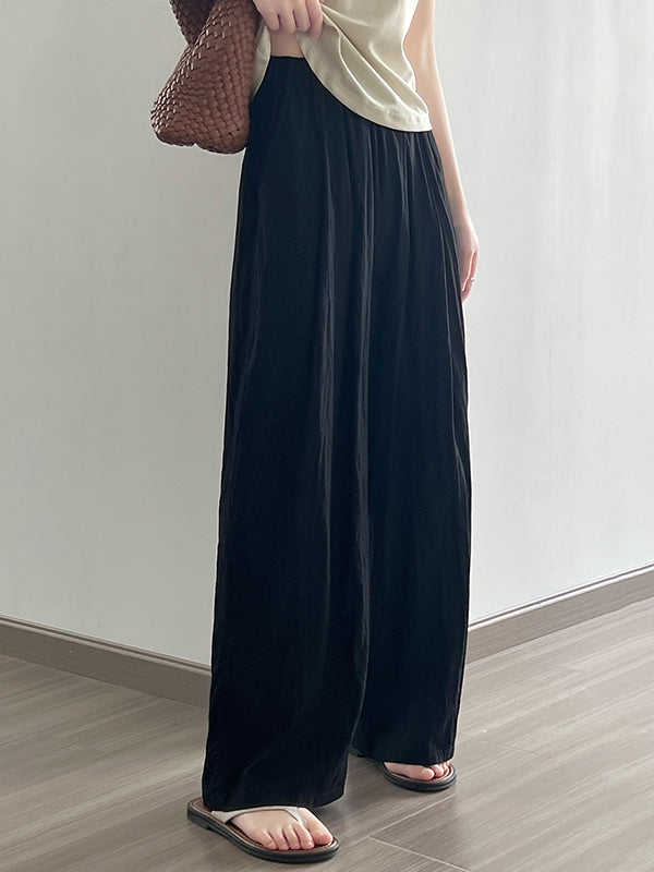Elasticity Pleated Solid Color High Waisted Wide Leg Trousers Casual Pants Bottoms