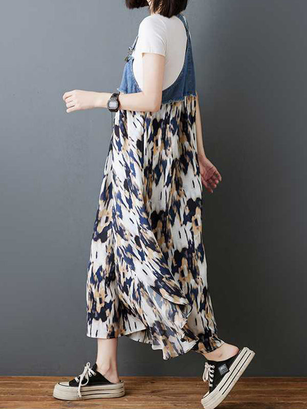 Flower Print Pockets Split-Joint Loose Plus Size Spaghetti-Neck Suspender Dress Maxi Dresses