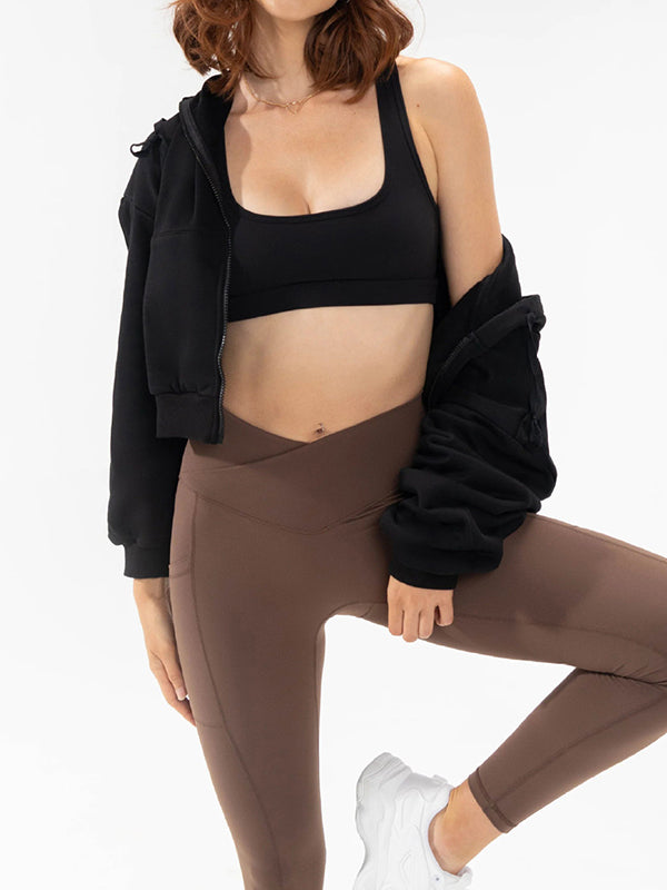 Drawstring Pockets Solid Color Zipper Hooded Long Sleeves Outerwear Jackets