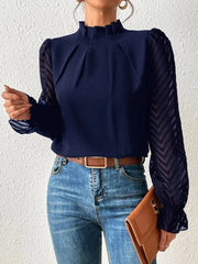 Elasticity Mesh Pleated Solid Color Long Sleeves Loose Mock Neck Blouses&Shirts Tops
