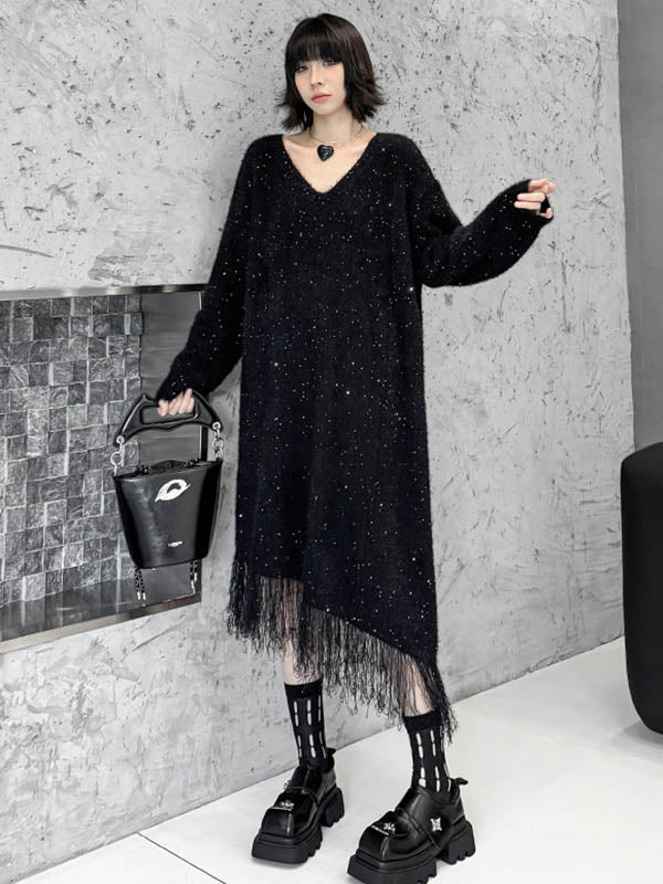 Contrast Color Sequined Shiny Split-Joint Tasseled Irregularity Long Sleeves V-Neck Sweater Dresses Midi Dresses