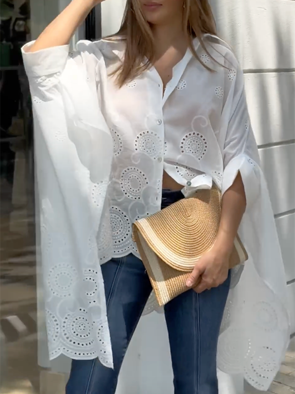 Cap Sleeve Loose Asymmetric Solid Color Lapel Collar Blouses&Shirts Tops
