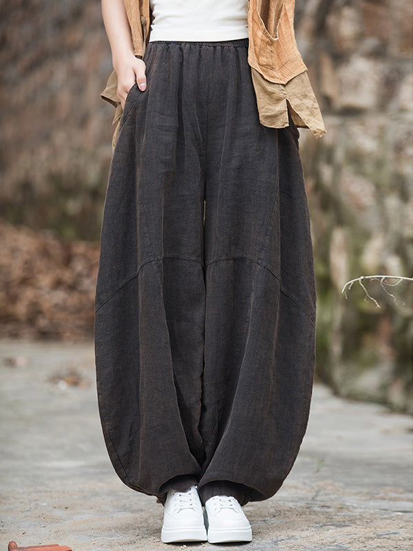 Elasticity Pockets Solid Color Split-Joint Loose Pants Cropped Trousers
