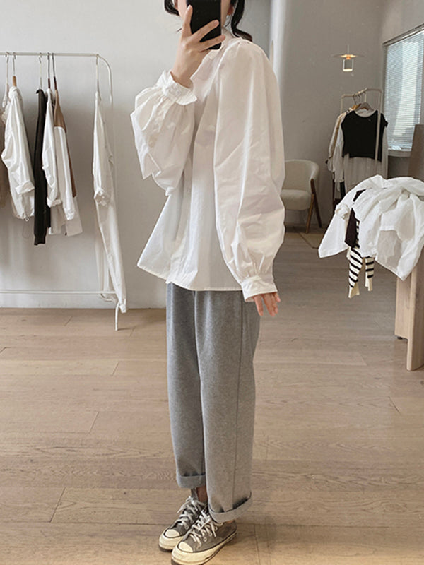 Solid Color Loose Puff Sleeves Lapel Blouses