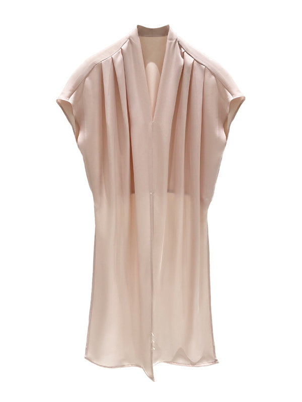 Knot Pleated Solid Color Split-Joint Loose Raglan Sleeve V-neck Blouses&shirts Tops