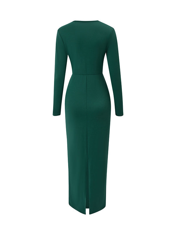 Bowknot Solid Color Bodycon Long Sleeves V-neck Maxi Dresses