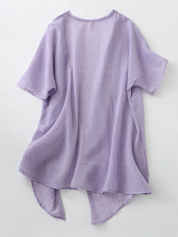Pleated See-Through Solid Color Loose Short Sleeves Outerwear Cover-Ups Tops