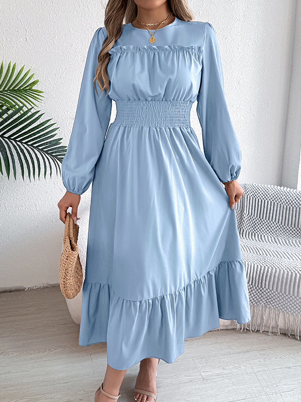 Pleated Solid Color A-Line Elasticated Waist Round-Neck Maxi Dresses
