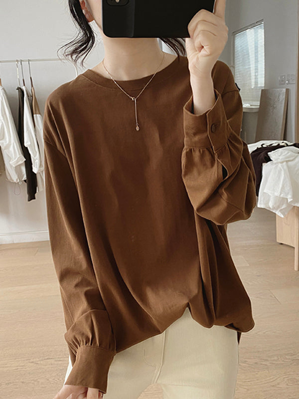 Solid Color Long Sleeves Loose Round-neck T-Shirts Tops