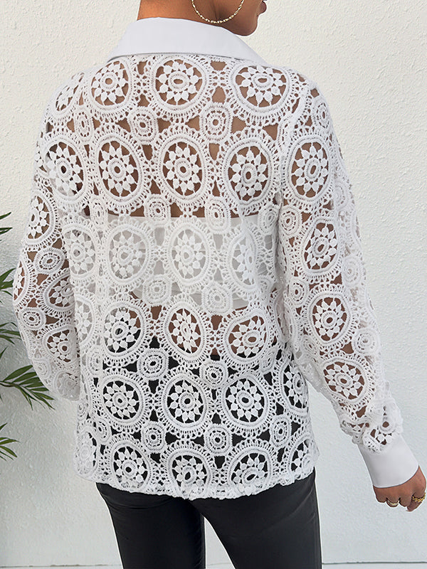 Buttoned Hollow Solid Color Long Sleeves Loose Lapel Blouses&Shirts Tops