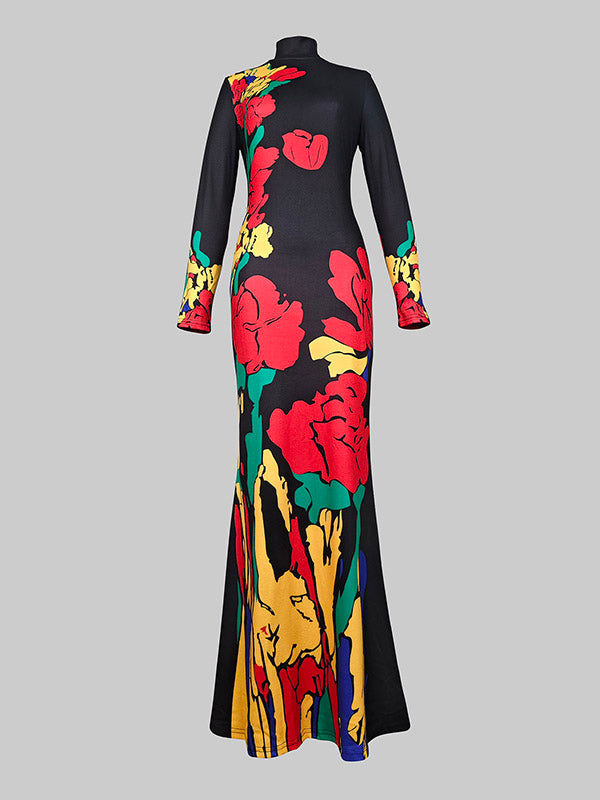 Flower Print Multi-Colored Skinny High Neck Maxi Dresses
