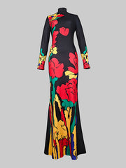 Flower Print Multi-Colored Skinny High Neck Maxi Dresses