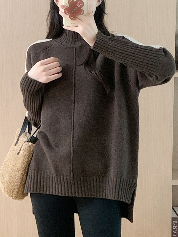 Contrast Color Split-Joint Split-Side High-Low Long Sleeves High Neck Sweater Tops Pullovers
