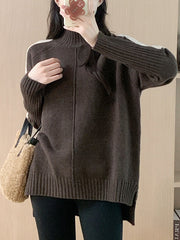 Contrast Color Split-Joint Split-Side High-Low Long Sleeves High Neck Sweater Tops Pullovers