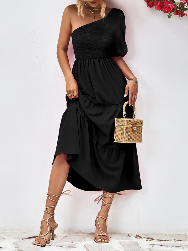 Solid Color Loose Puff Sleeves One-Shoulder Midi Dresses