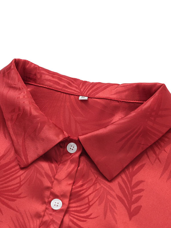 Jacquard Split-Joint Loose Puff Sleeves Lapel Blouses