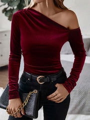 Asymmetric Pleated Solid Color Velvet Long Sleeves Skinny One-Shoulder T-Shirts Tops
