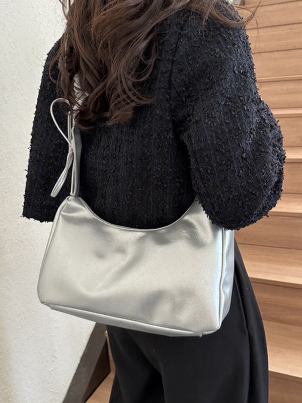 Geometric Pleated Solid Color Zipper Shoulder Bags Handbags