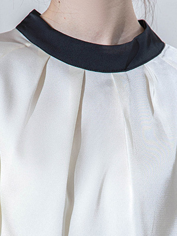 Contrast Color Pleated Split-Joint Loose Puff Sleeves Stand Collar Blouses