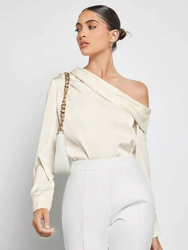 Pleated Solid Color Split-Joint Long Sleeves Skinny One-Shoulder Blouses&Shirts Tops