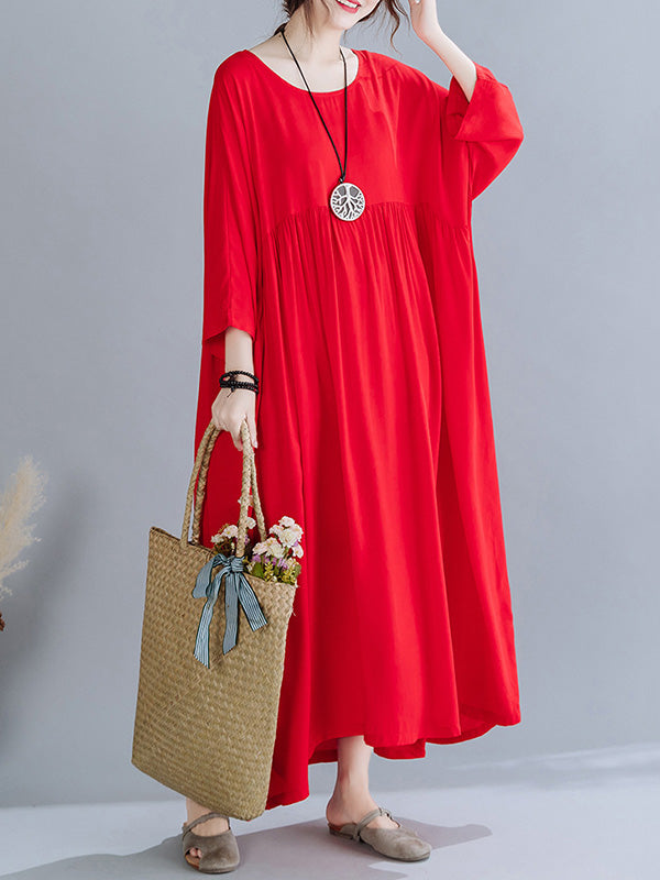 Simple Pleats Round-Neck Maxi Dress