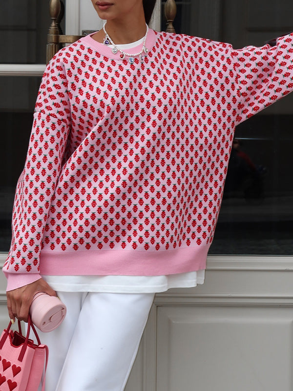 Pleated Split-Joint Long Sleeves Loose Round-Neck Sweater Tops