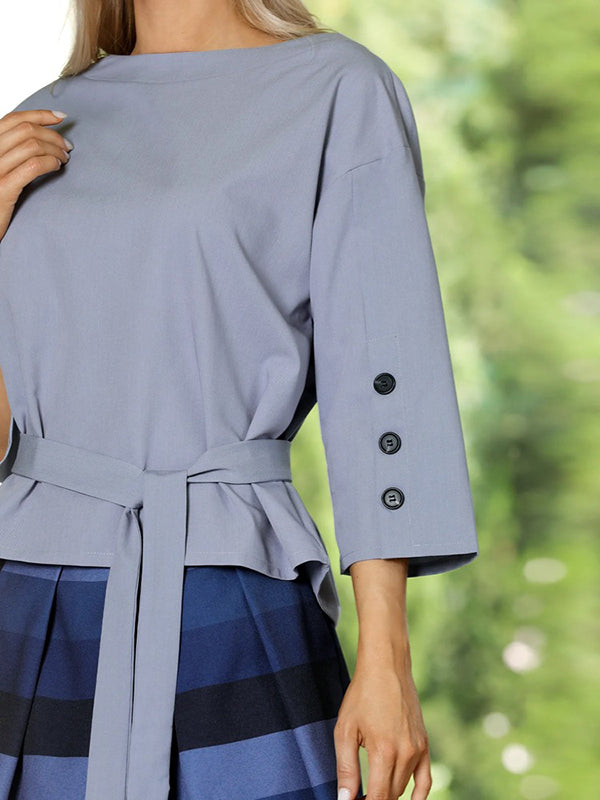 Buttoned Tied Waist Loose Three-Quarter Sleeves Round-Neck T-Shirts Tops
