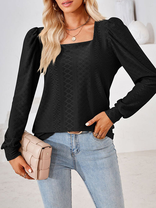 Jacquard Solid Color Loose Square-neck T-Shirts Tops
