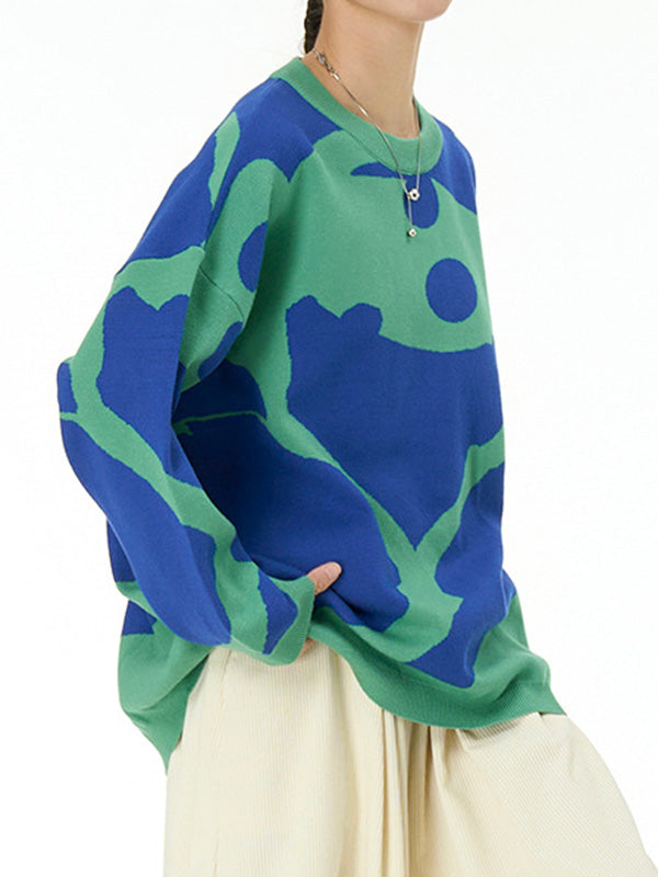 Contrast Color Velvet Long Sleeves Loose Round-Neck Sweater Tops Pullovers