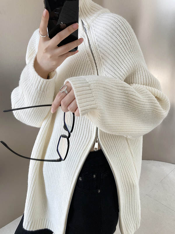 Split-Joint Split-Side Zipper Long Sleeves Loose High Neck Sweater Tops