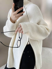 Split-Joint Split-Side Zipper Long Sleeves Loose High Neck Sweater Tops