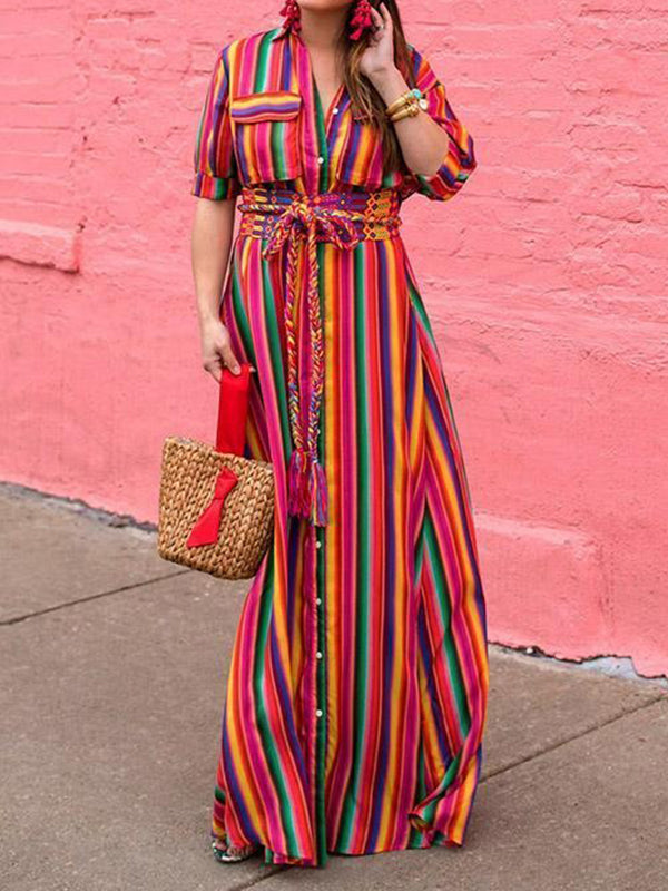 Split-Joint Striped Long Sleeves Loose Lapel Shirt Dress Maxi Dresses