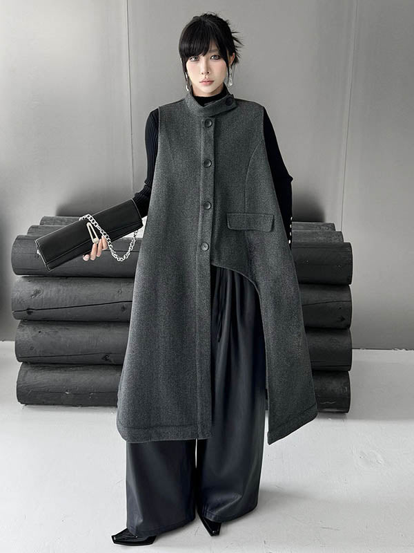 Asymmetric Buttoned Solid Color Split-Joint High-Low Irregularity Stand Collar Padded Vest Outerwear