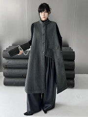 Asymmetric Buttoned Solid Color Split-Joint High-Low Irregularity Stand Collar Padded Vest Outerwear