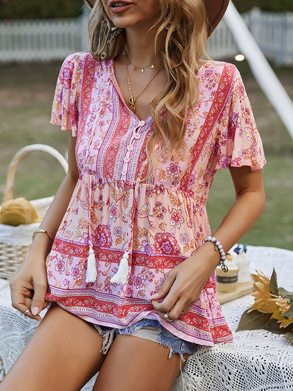 Buttoned Flower Print Split-Joint Tasseled Tied Loose Short Sleeves V-Neck T-Shirts Tops