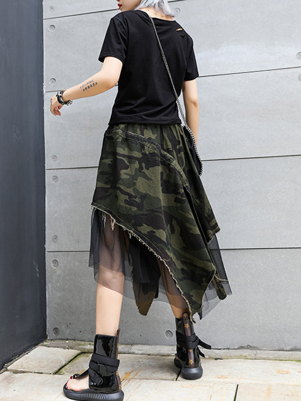 Asymmetric Camouflage Elasticity Fringed Mesh Split-Joint A-Line Loose Skirts Bottoms