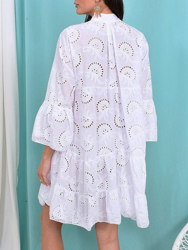 Buttoned Hollow Solid Color Split-Joint A-Line Flared Sleeves V-Neck Mini Dresses