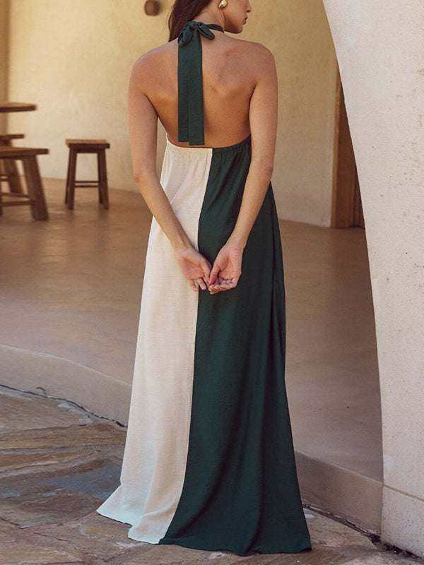 Contrast Color Loose Sleeveless Halter-Neck Maxi Dresses