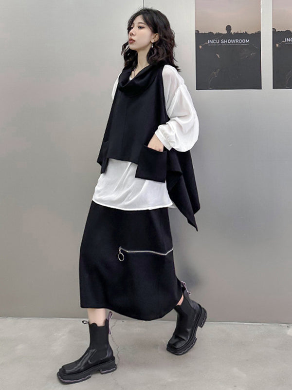 Pockets Solid Color Irregularity Loose Heaps Collar Vest Top T-Shirts