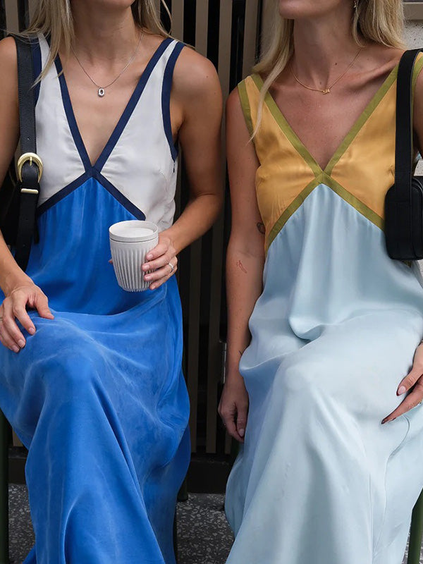 Contrast Color Split-Joint Loose Sleeveless Deep V-Neck Maxi Dresses