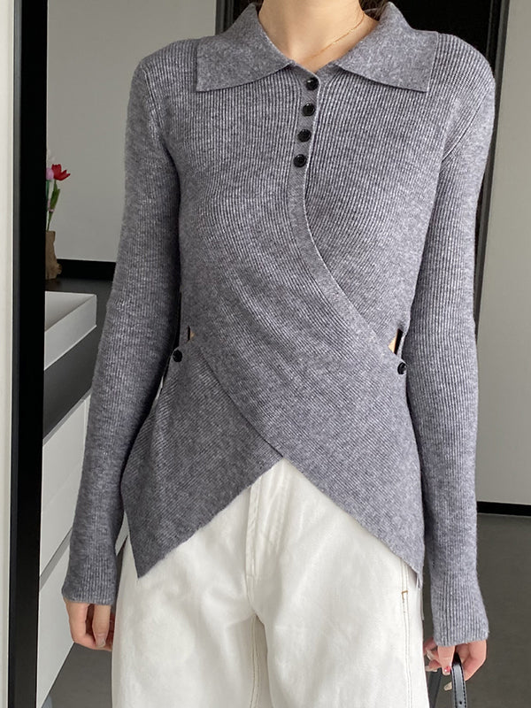 Asymmetric Buttoned Hollow Long Sleeves Skinny Lapel Sweater Pullovers Knitwear