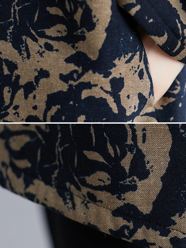 Artistic Retro Loose Long Sleeves Keep Warm Floral Printed High-Neck Mini Dresses