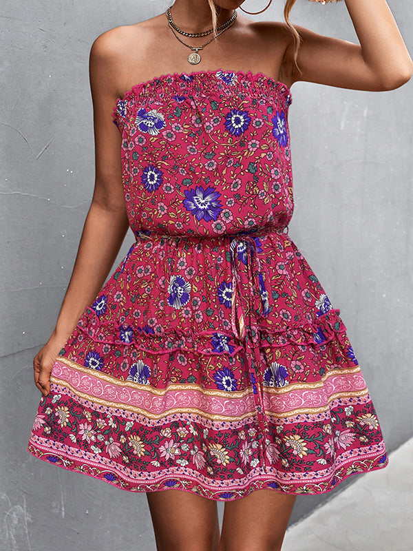 Elasticity Flower Print Ruffle Trim Tied Waist A-Line High Waisted Tube Mini Dresses