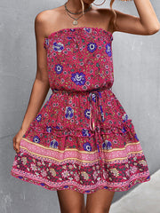 Elasticity Flower Print Ruffle Trim Tied Waist A-Line High Waisted Tube Mini Dresses