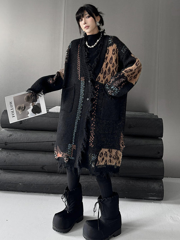 Asymmetric Buttoned Contrast Color Leopard Pockets Split-Joint Hipster Long Sleeves V-Neck Cardigan Tops