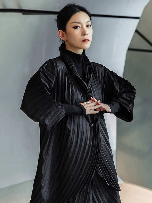 Urban Solid Color Pleated Outerwear&Pants Two Pieces Set