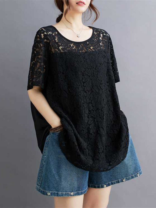 Hollow Solid Color Split-Back Split-Joint Loose Plus Size Round-Neck T-Shirts Tops