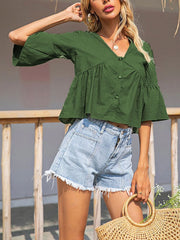 Buttoned Pleated Split-Joint Flared Sleeves Half Sleeves V-Neck T-Shirts Tops